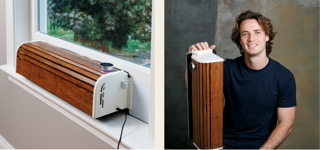 SWERV window ERV installed in a window next to founder Austin Riesenberger holding a SWERV unit