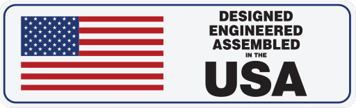 Logo with American flag and text 'Designed, Engineered, Assembled in the USA' on a white background
