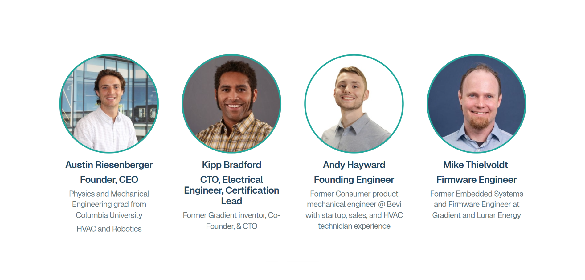 Four circular profile pictures with names and roles of company founders and engineers.