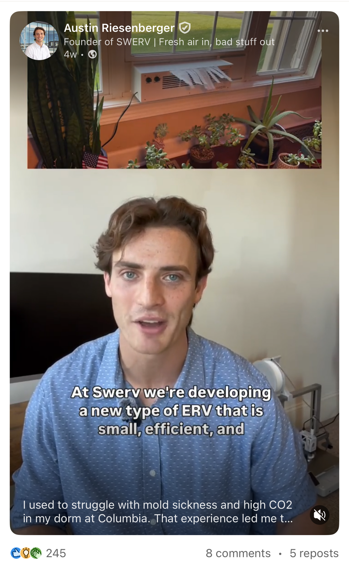 SWERV Window ERV Founder Explanation Video displaying fresh air machine blowing fresh filtered air in surrounded by plants. At SWERV we're developing a new type of ERV that is small, efficient, and easy to install in a window, and beautiful.