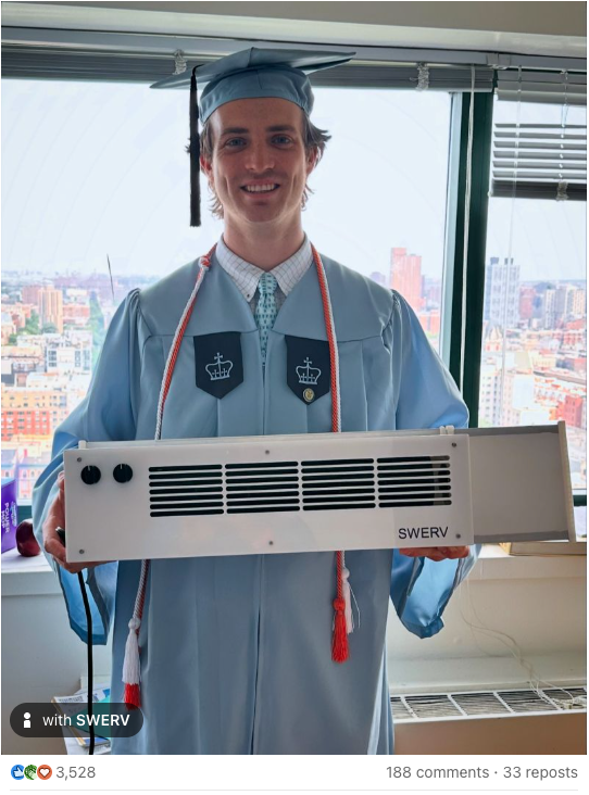 Columbia graduate Austin Riesenberger, Founder of SWERV, holding a SWERV product with a cityscape in the background of his college dorm