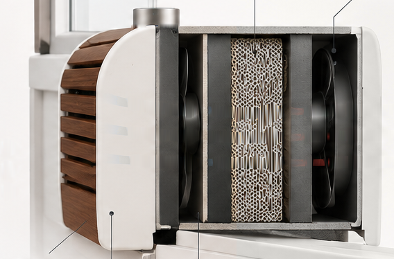 Cutaway of the SWERV unit in a window: wood front facing the room, ceramic energy core in the middle, quiet fans facing outside